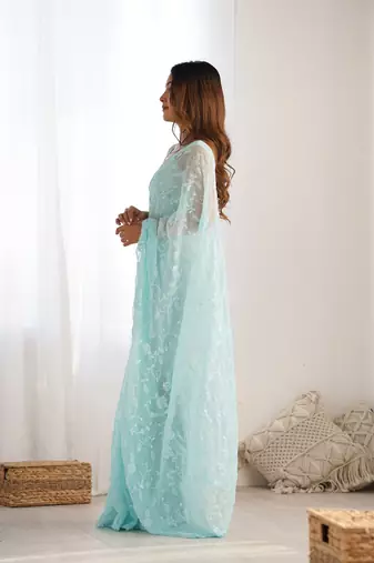 sky blue color shimmer fabric bollywood looks sequins work saree