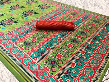 parrot green color assam silk blend designer printed fancy girlie festive rich saree 4
