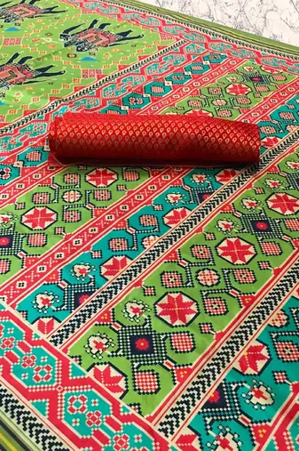 parrot green color assam silk blend designer printed fancy girlie festive rich saree