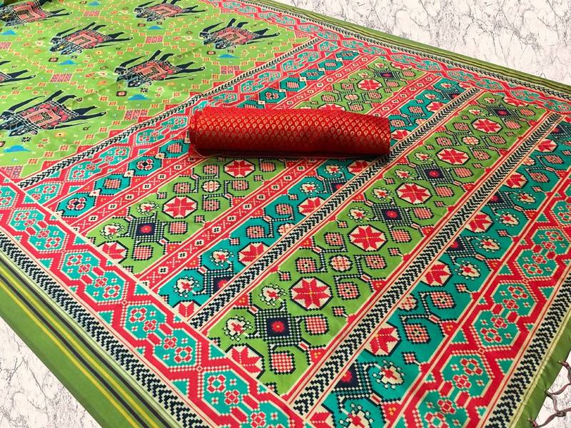 parrot green color assam silk blend designer printed fancy girlie festive rich saree