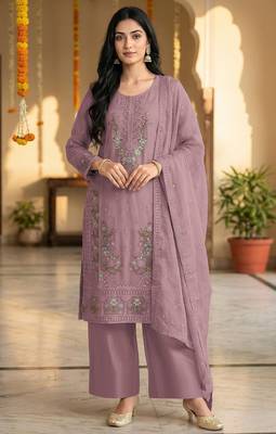 mauve chiffon designer embroidered unstitched dress material 1
