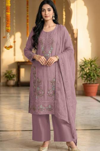 mauve chiffon designer embroidered unstitched dress material