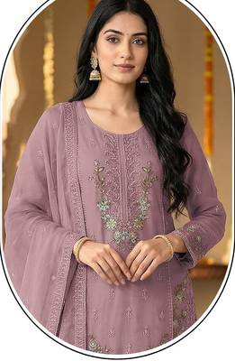 mauve chiffon designer embroidered unstitched dress material 2