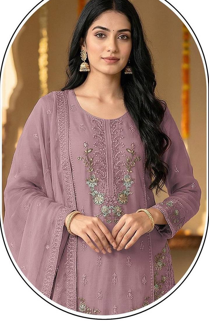 mauve chiffon designer embroidered unstitched dress material