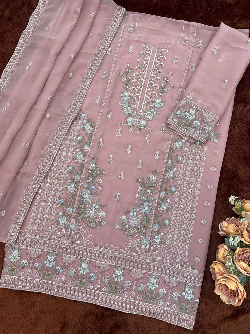 mauve chiffon designer embroidered unstitched dress material