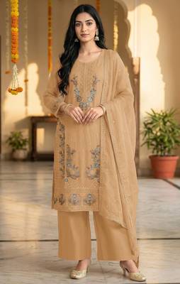 beige chiffon designer embroidered unstitched dress material 1