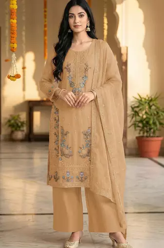 beige chiffon designer embroidered unstitched dress material