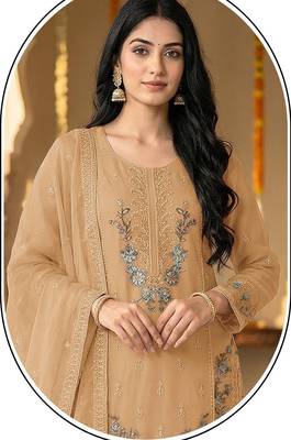 beige chiffon designer embroidered unstitched dress material 2