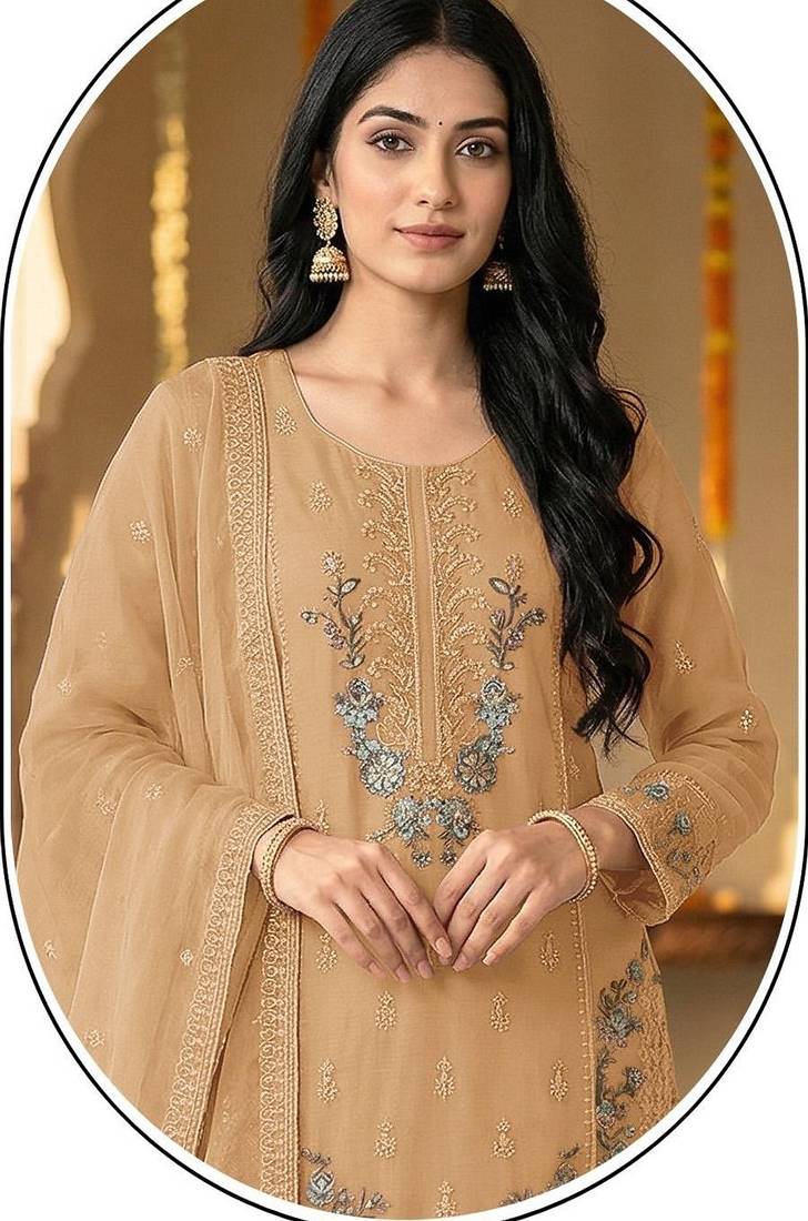 beige chiffon designer embroidered unstitched dress material