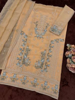 beige chiffon designer embroidered unstitched dress material 3