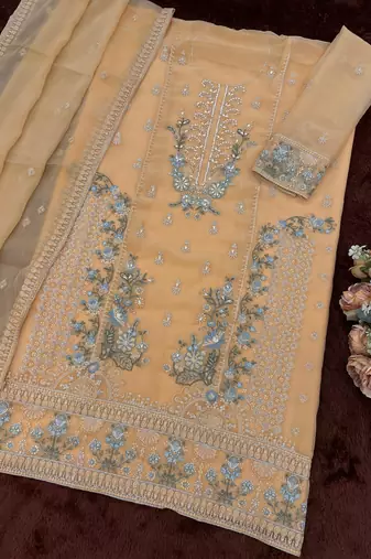 beige chiffon designer embroidered unstitched dress material