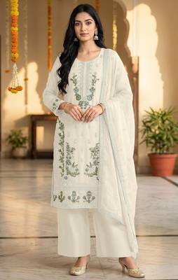 off-white chiffon designer embroidered unstitched dress material 1