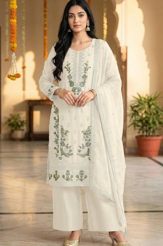 off-white chiffon designer embroidered unstitched dress material