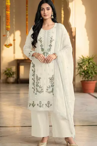 off-white chiffon designer embroidered unstitched dress material