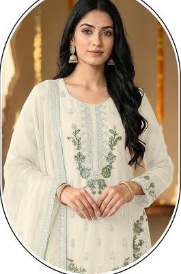 off-white chiffon designer embroidered unstitched dress material 2