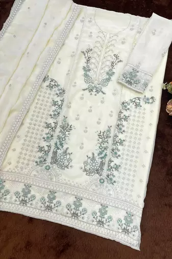 off-white chiffon designer embroidered unstitched dress material