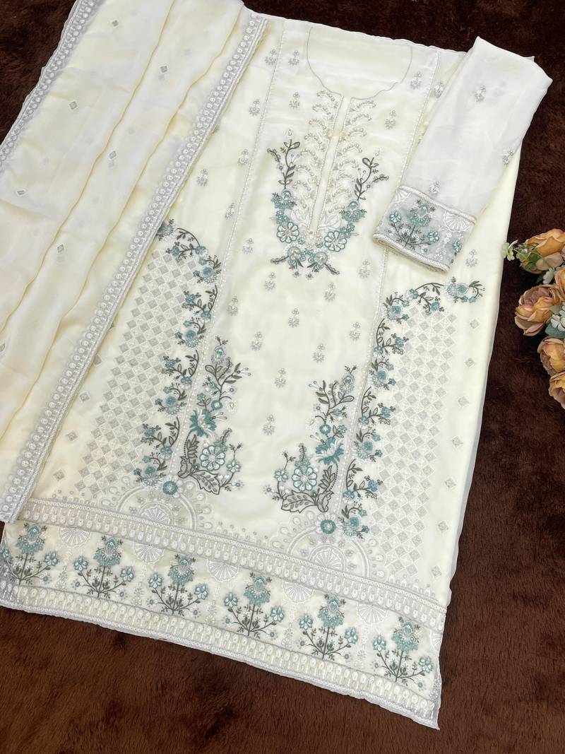 off-white chiffon designer embroidered unstitched dress material