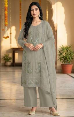 grey chiffon designer embroidered unstitched dress material 1