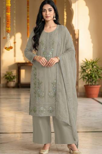 grey chiffon designer embroidered unstitched dress material