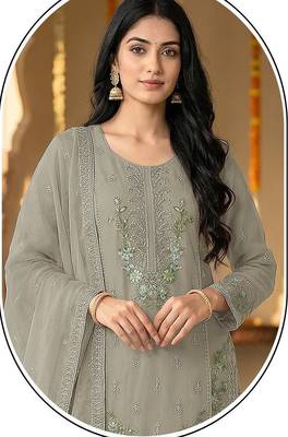 grey chiffon designer embroidered unstitched dress material 2
