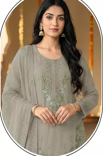 grey chiffon designer embroidered unstitched dress material