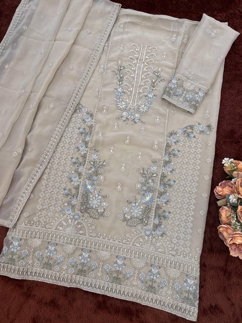 grey chiffon designer embroidered unstitched dress material