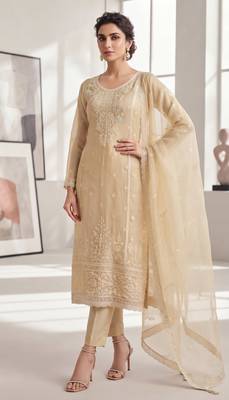 cream organza chiffon designer embroidered unstitched dress material 1