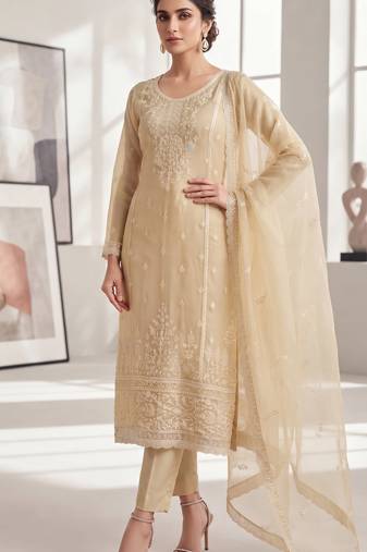 cream organza chiffon designer embroidered unstitched dress material
