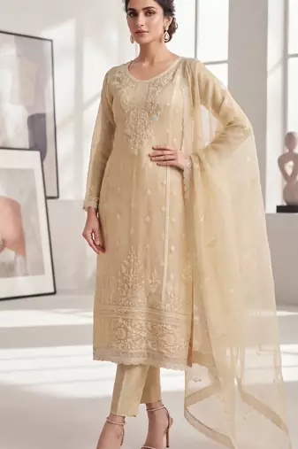 cream organza chiffon designer embroidered unstitched dress material