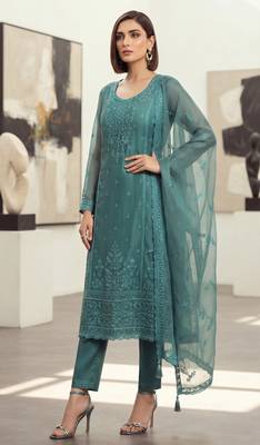 blue organza chiffon designer embroidered unstitched dress material 1