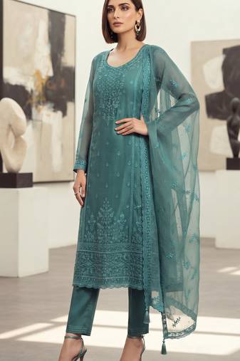blue organza chiffon designer embroidered unstitched dress material