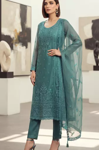 blue organza chiffon designer embroidered unstitched dress material