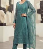 blue organza chiffon designer embroidered unstitched dress material