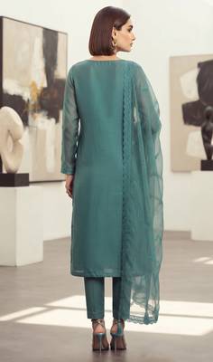 blue organza chiffon designer embroidered unstitched dress material 2