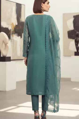 blue organza chiffon designer embroidered unstitched dress material