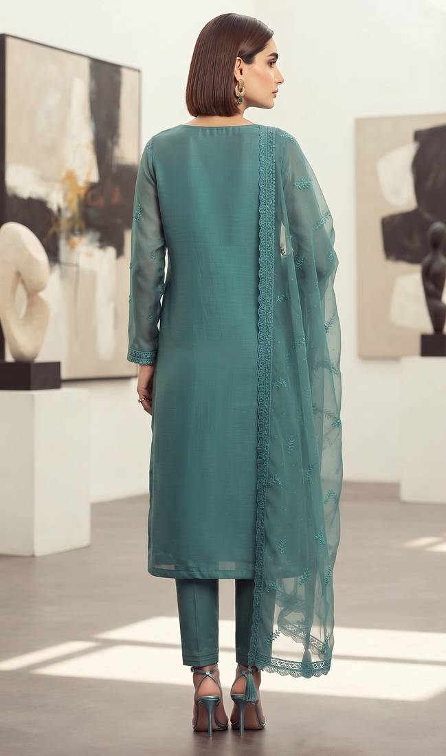 blue organza chiffon designer embroidered unstitched dress material