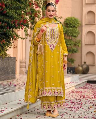 mustard chinon embroidered partywear unstitched dress material 1