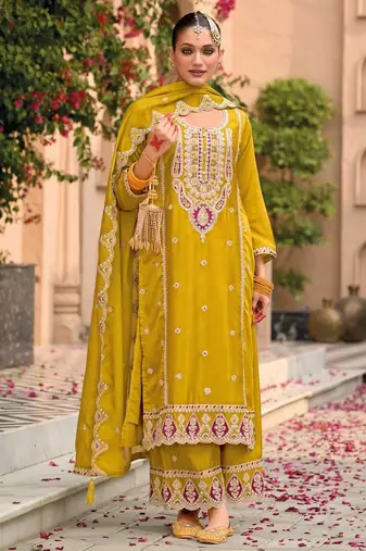 mustard chinon embroidered partywear unstitched dress material