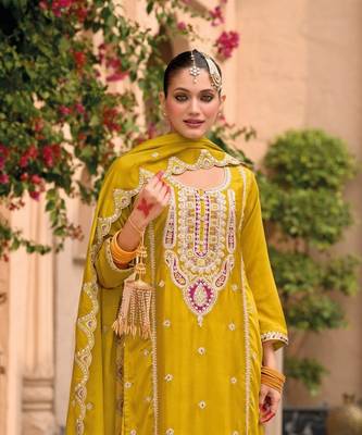 mustard chinon embroidered partywear unstitched dress material 2