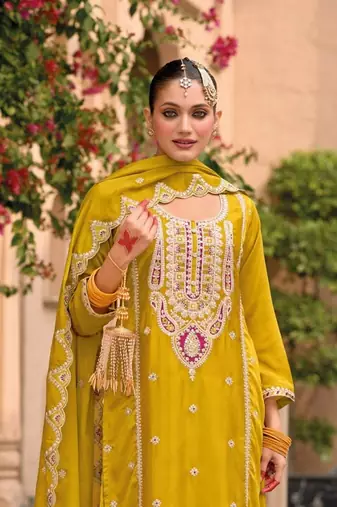 mustard chinon embroidered partywear unstitched dress material