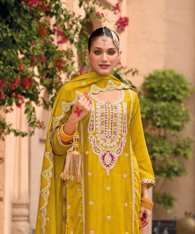 mustard chinon embroidered partywear unstitched dress material