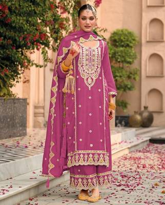 pink chinon embroidered partywear unstitched dress material 1