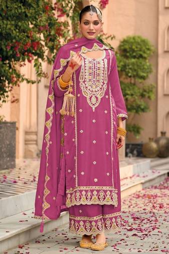 pink chinon embroidered partywear unstitched dress material