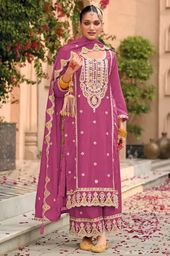 pink chinon embroidered partywear unstitched dress material