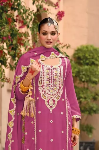 pink chinon embroidered partywear unstitched dress material