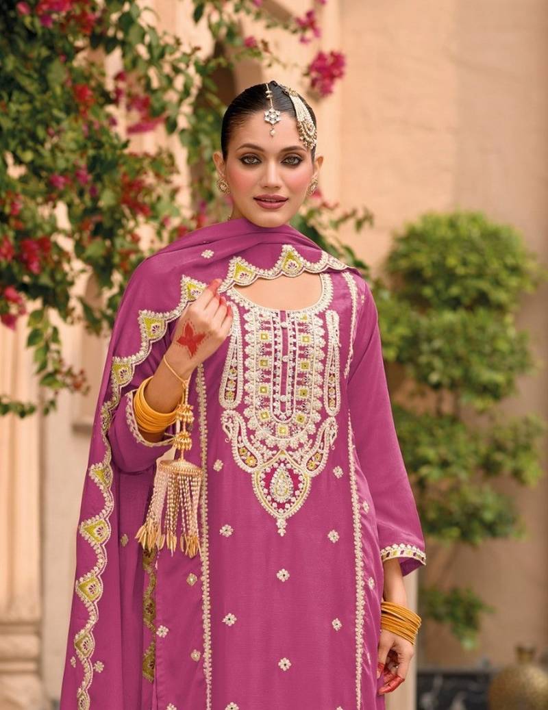pink chinon embroidered partywear unstitched dress material