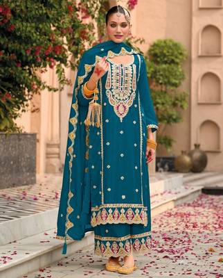 teal blue chinon embroidered partywear unstitched dress material 1