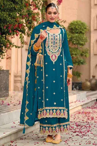 teal blue chinon embroidered partywear unstitched dress material