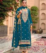 teal blue chinon embroidered partywear unstitched dress material