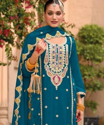 teal blue chinon embroidered partywear unstitched dress material 2